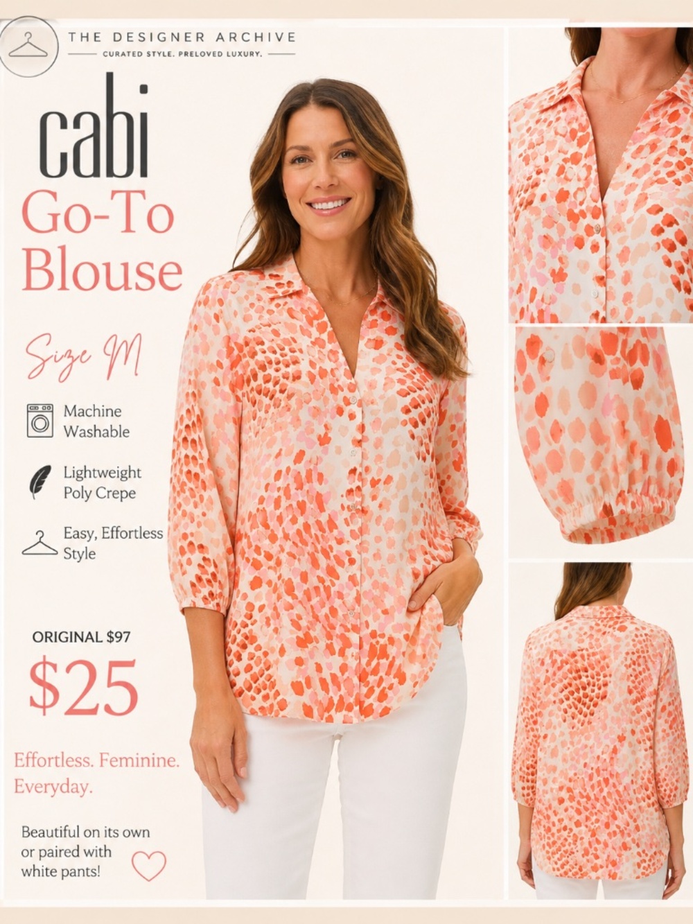 Cabi Go-To Blouse Size M Coral Pink Print 3/4 Sleeve